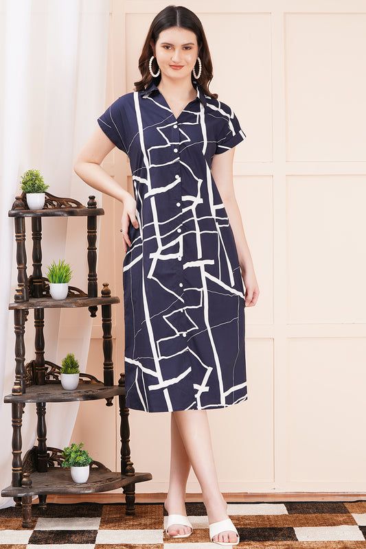 Geometric Chic Navy-Blue A-Line Shirt Dress