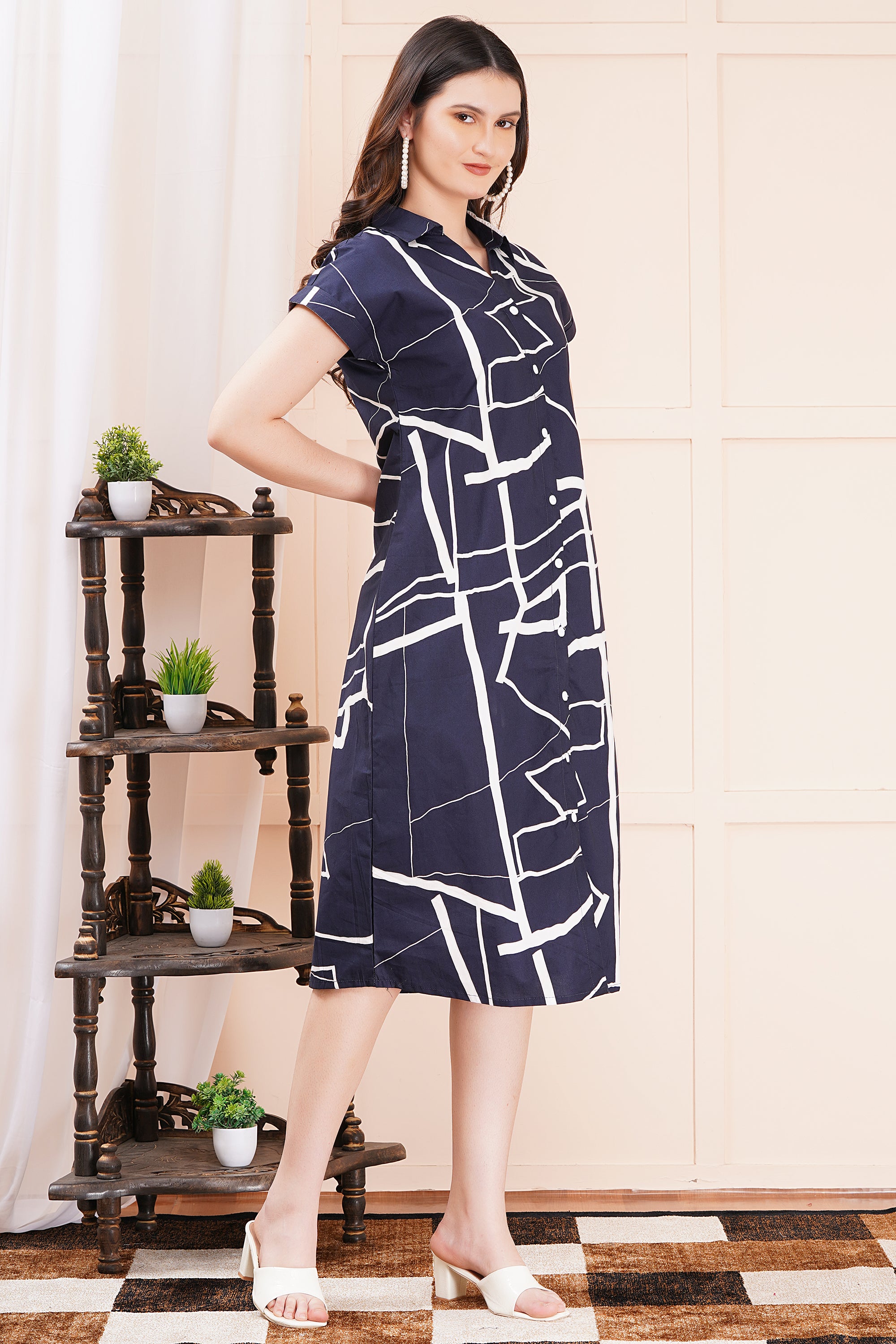 Geometric Chic Navy-Blue A-Line Shirt Dress
