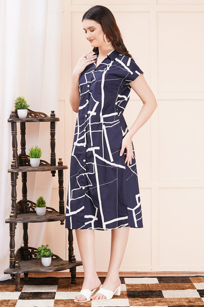 Geometric Chic Navy-Blue A-Line Shirt Dress