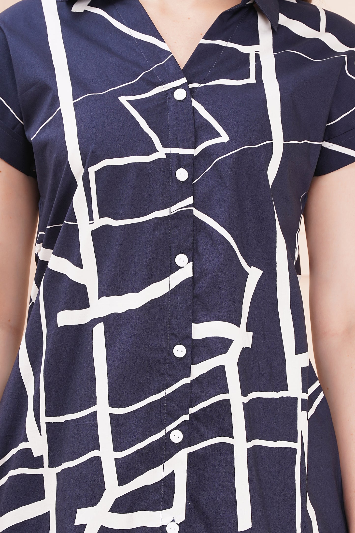 Geometric Chic Navy-Blue A-Line Shirt Dress