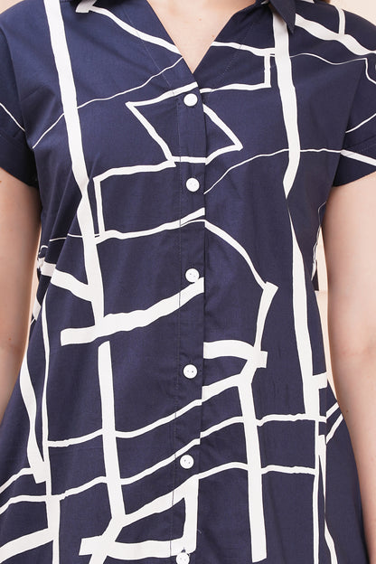 Geometric Chic Navy-Blue A-Line Shirt Dress