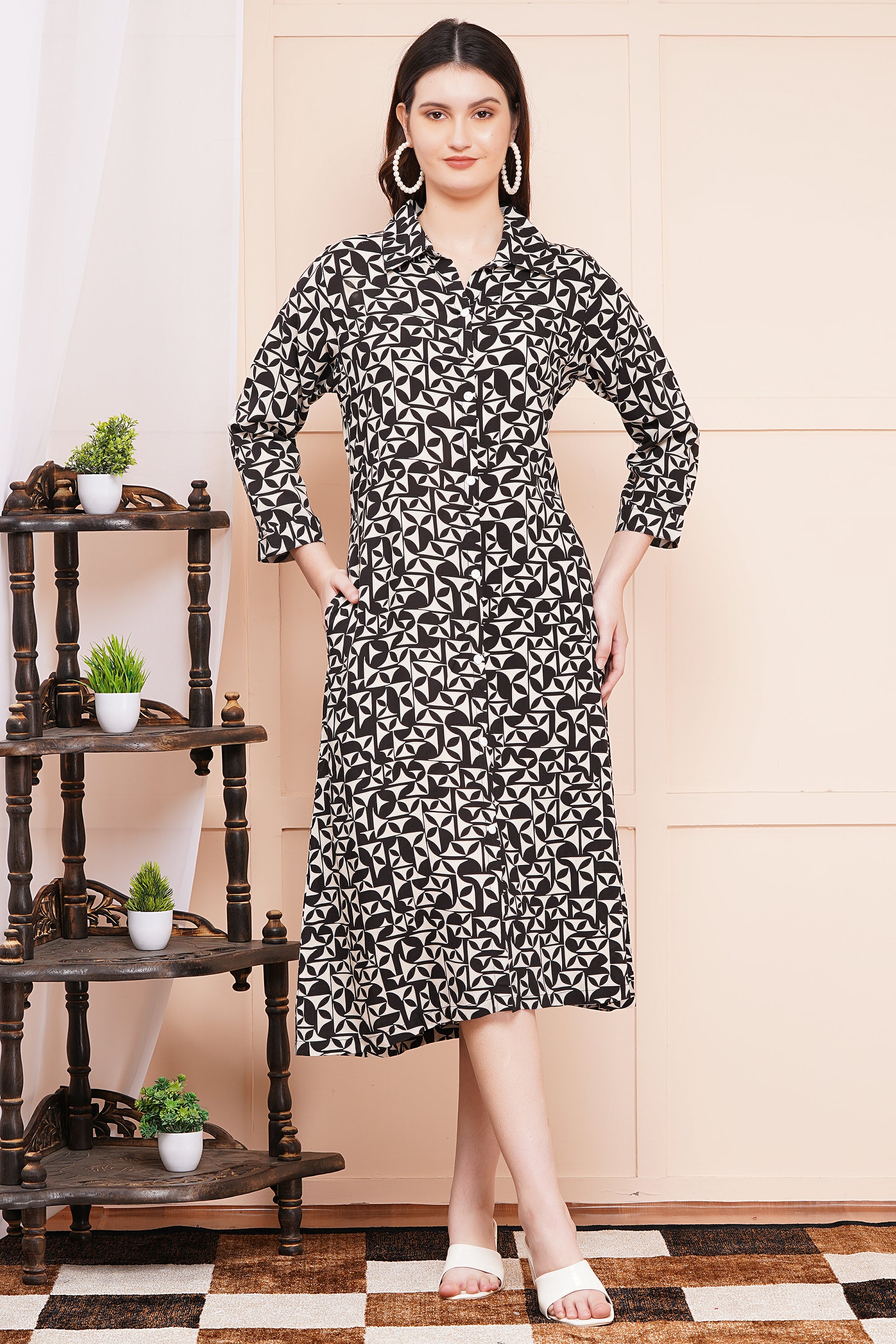 Monochrome Maze A-Line Shirt Dress