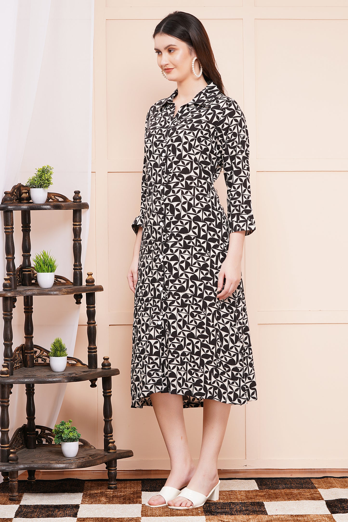 Monochrome Maze A-Line Shirt Dress