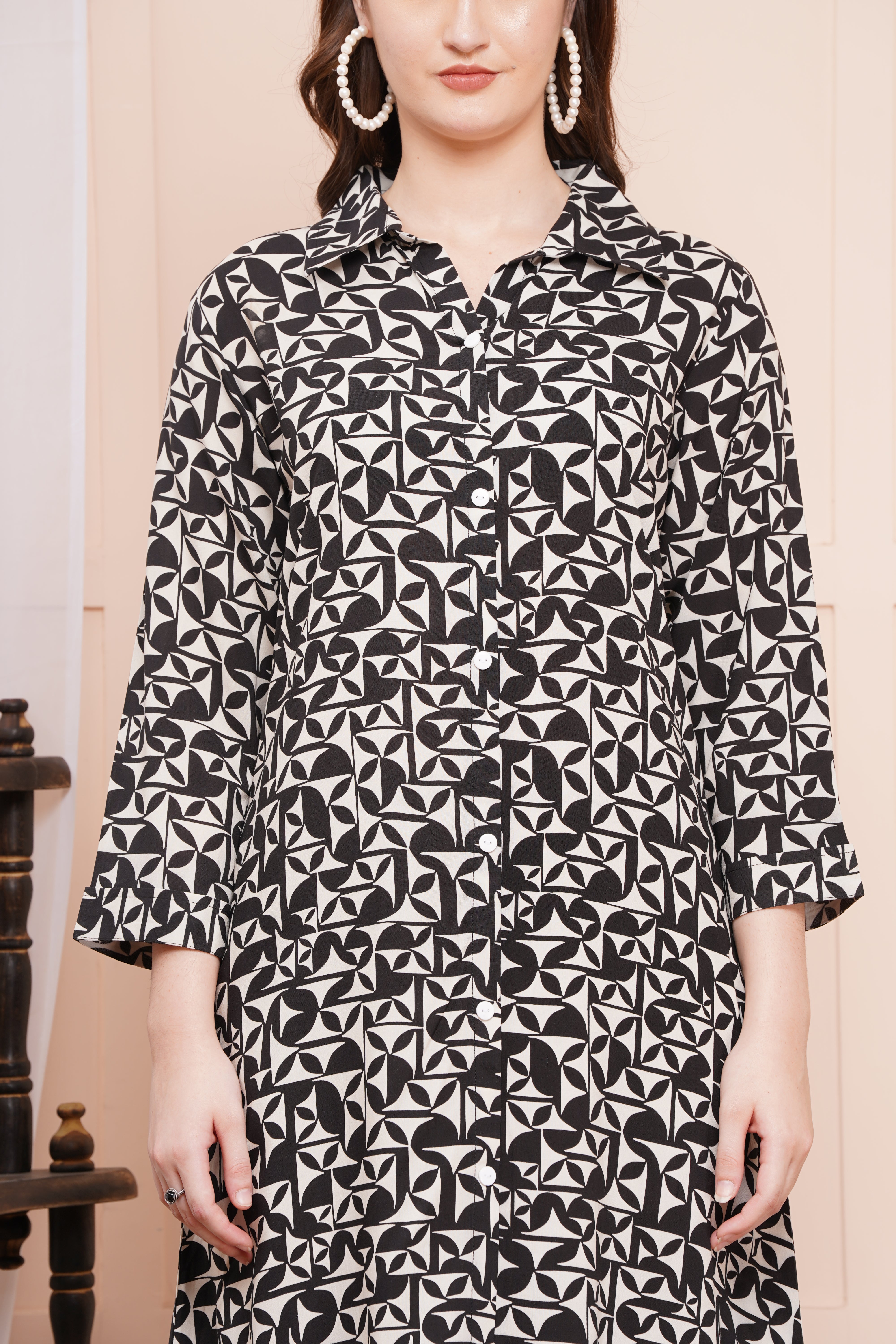 Monochrome Maze A-Line Shirt Dress
