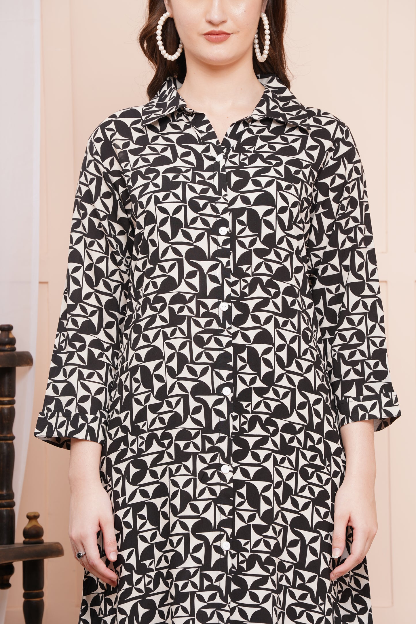 Monochrome Maze A-Line Shirt Dress