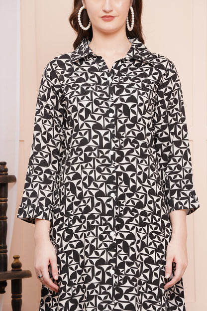 Monochrome Maze A-Line Shirt Dress