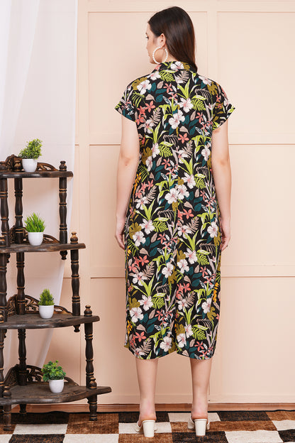 Tropical Floral A-Line Shirt Dress