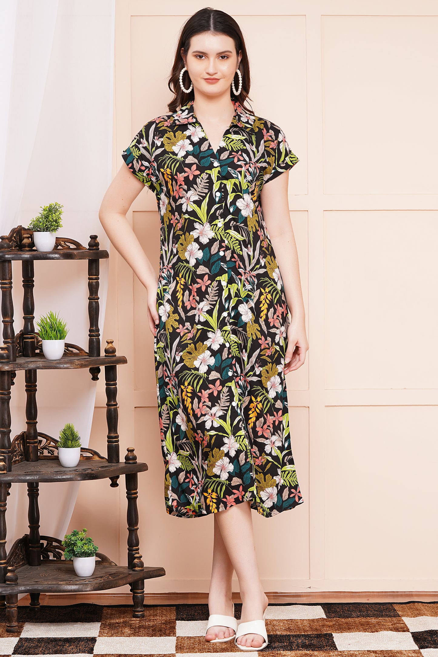 Tropical Floral A-Line Shirt Dress