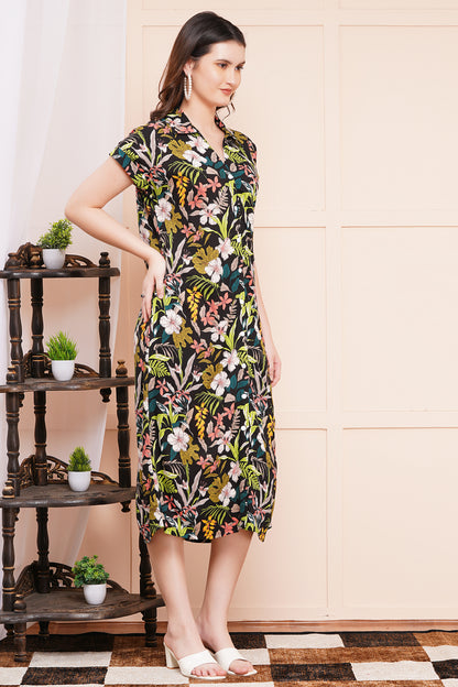 Tropical Floral A-Line Shirt Dress