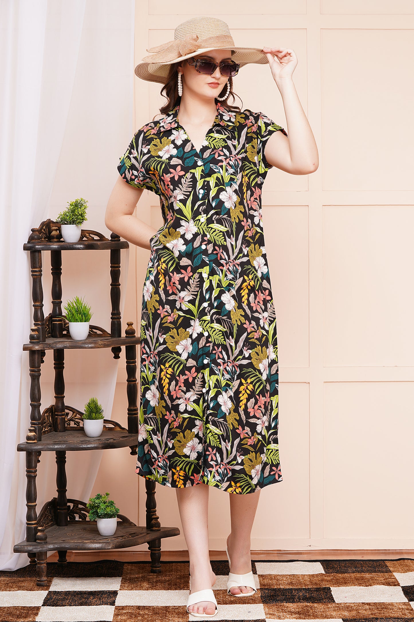 Tropical Floral A-Line Shirt Dress
