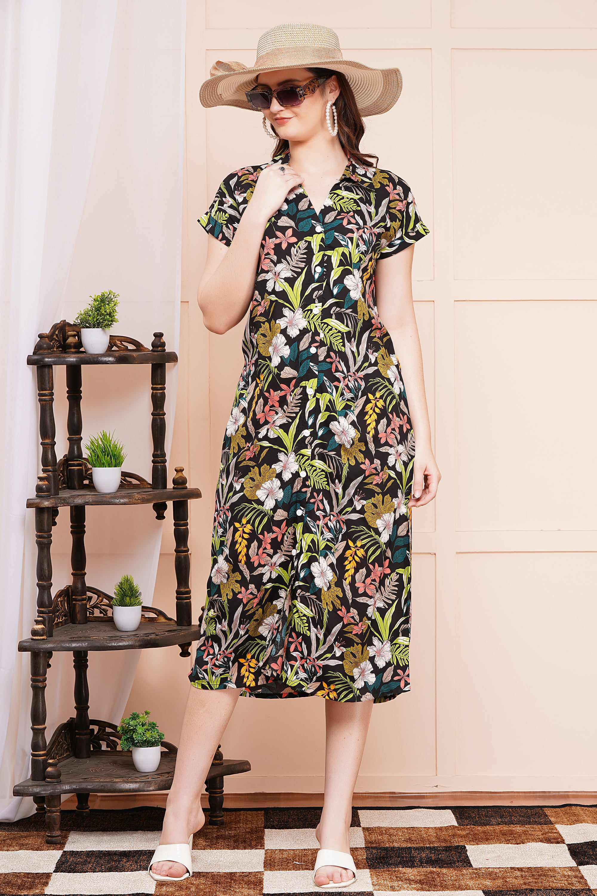 Tropical Floral A-Line Shirt Dress