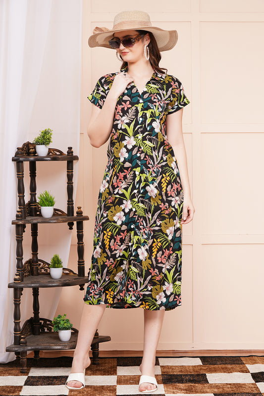 Tropical Floral A-Line Shirt Dress