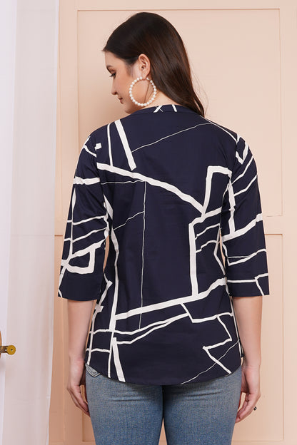 Geometric Chic Navy-Blue Print Top