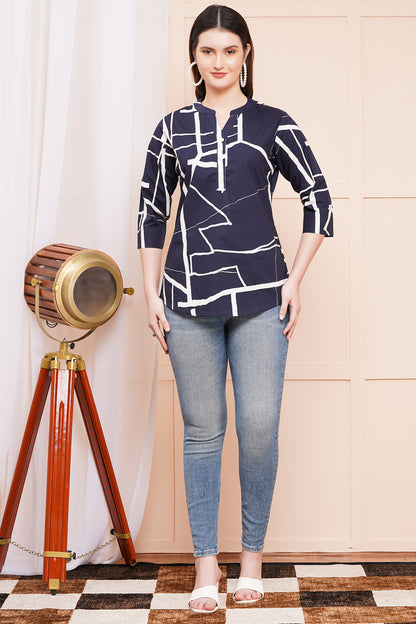 Geometric Chic Navy-Blue Print Top
