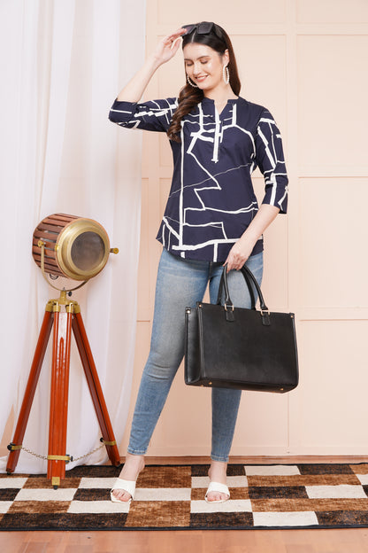 Geometric Chic Navy-Blue Print Top