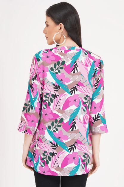 Pink and Teal Abstract Botanical Print Top