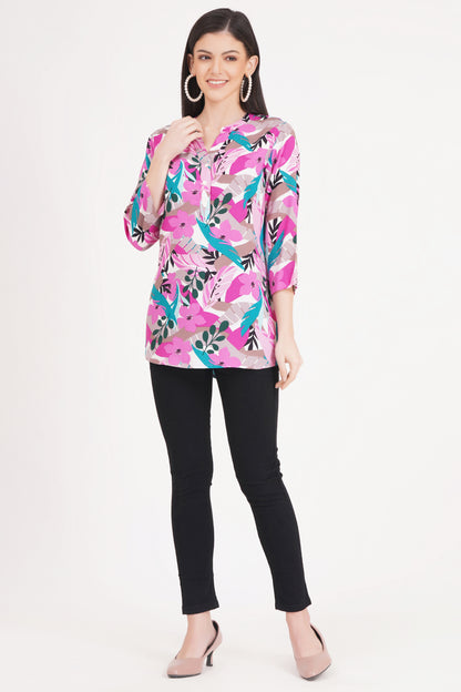 Pink and Teal Abstract Botanical Print Top