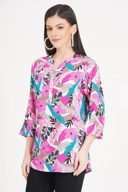 Pink and Teal Abstract Botanical Print Top