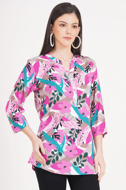 Pink and Teal Abstract Botanical Print Top