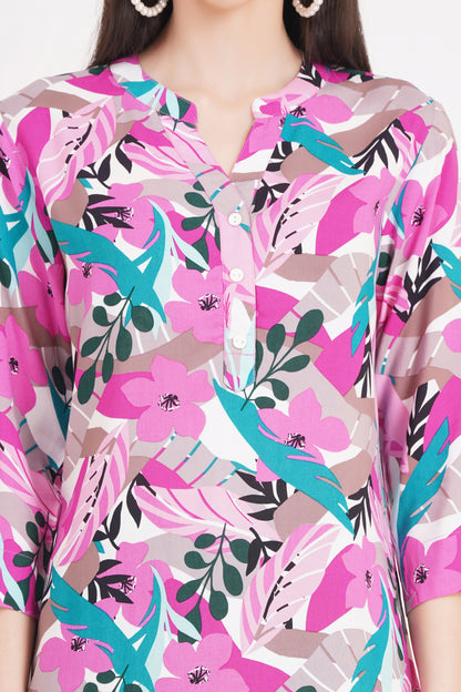 Pink and Teal Abstract Botanical Print Top