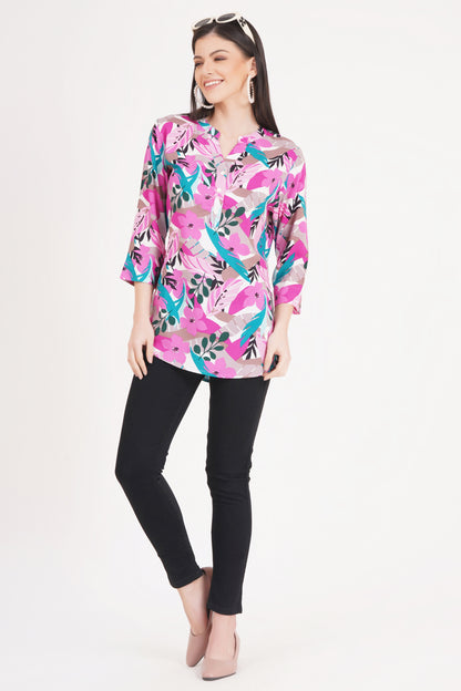 Pink and Teal Abstract Botanical Print Top