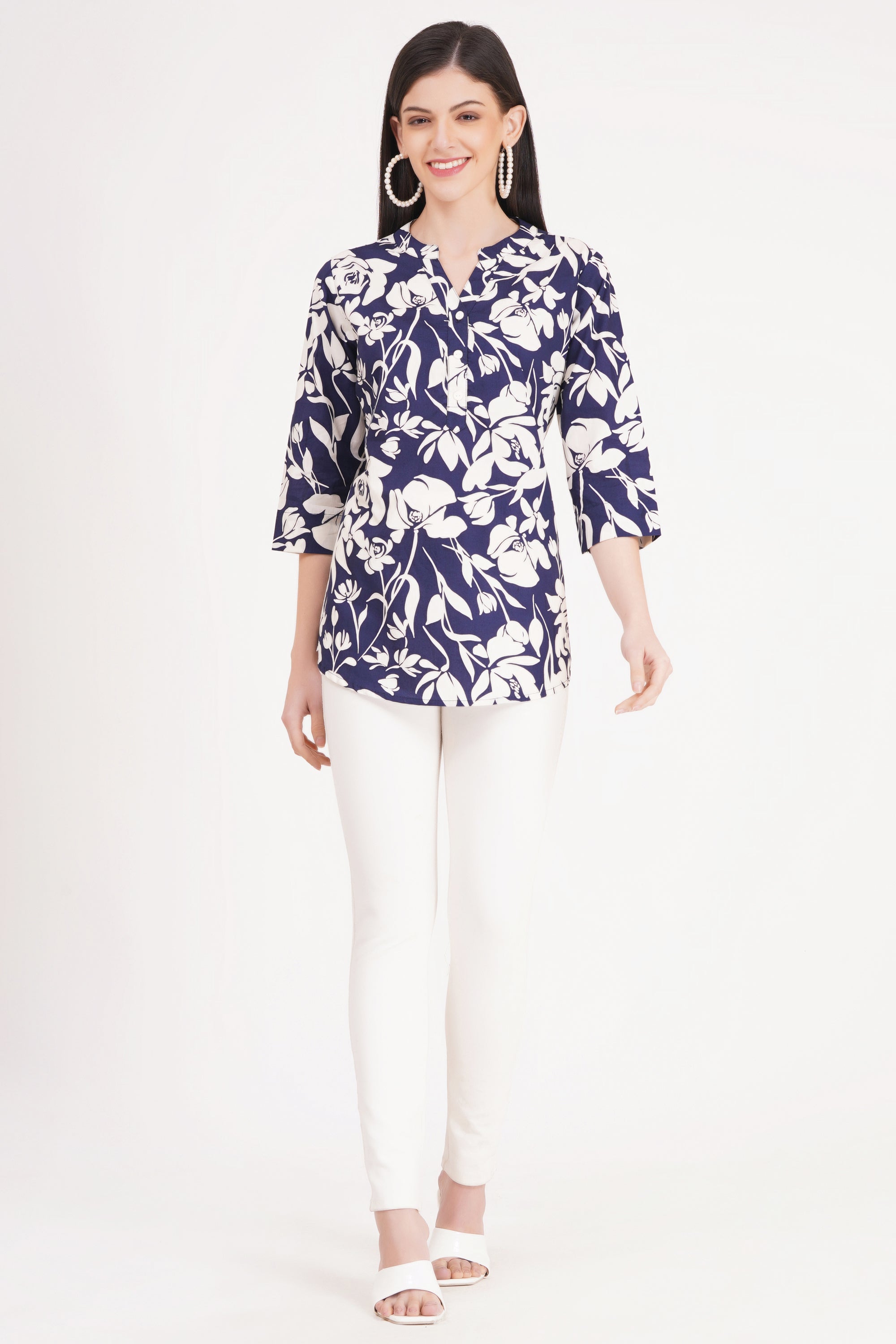Women's Navy Blue Floral Print Tunic