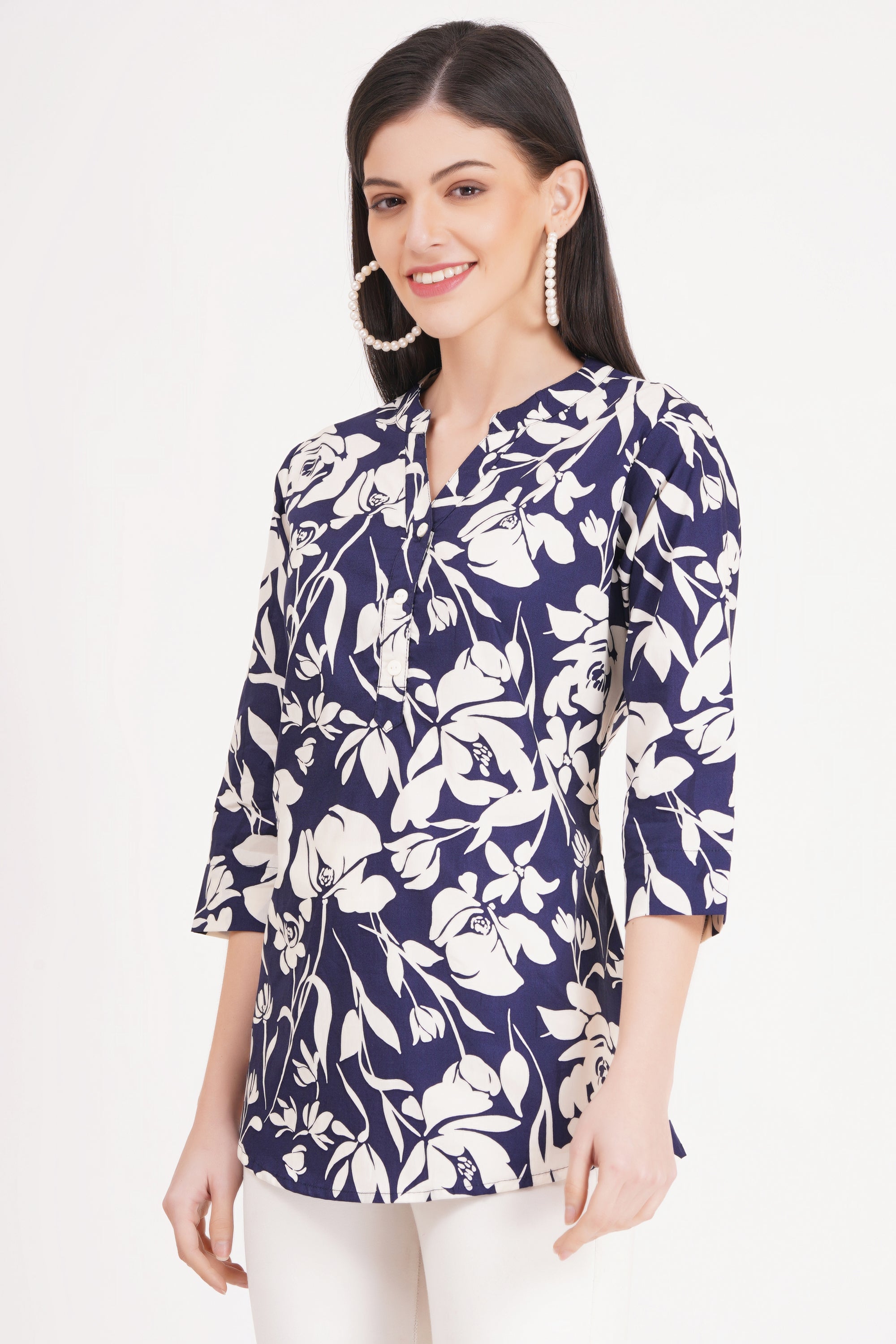 Women's Navy Blue Floral Print Tunic