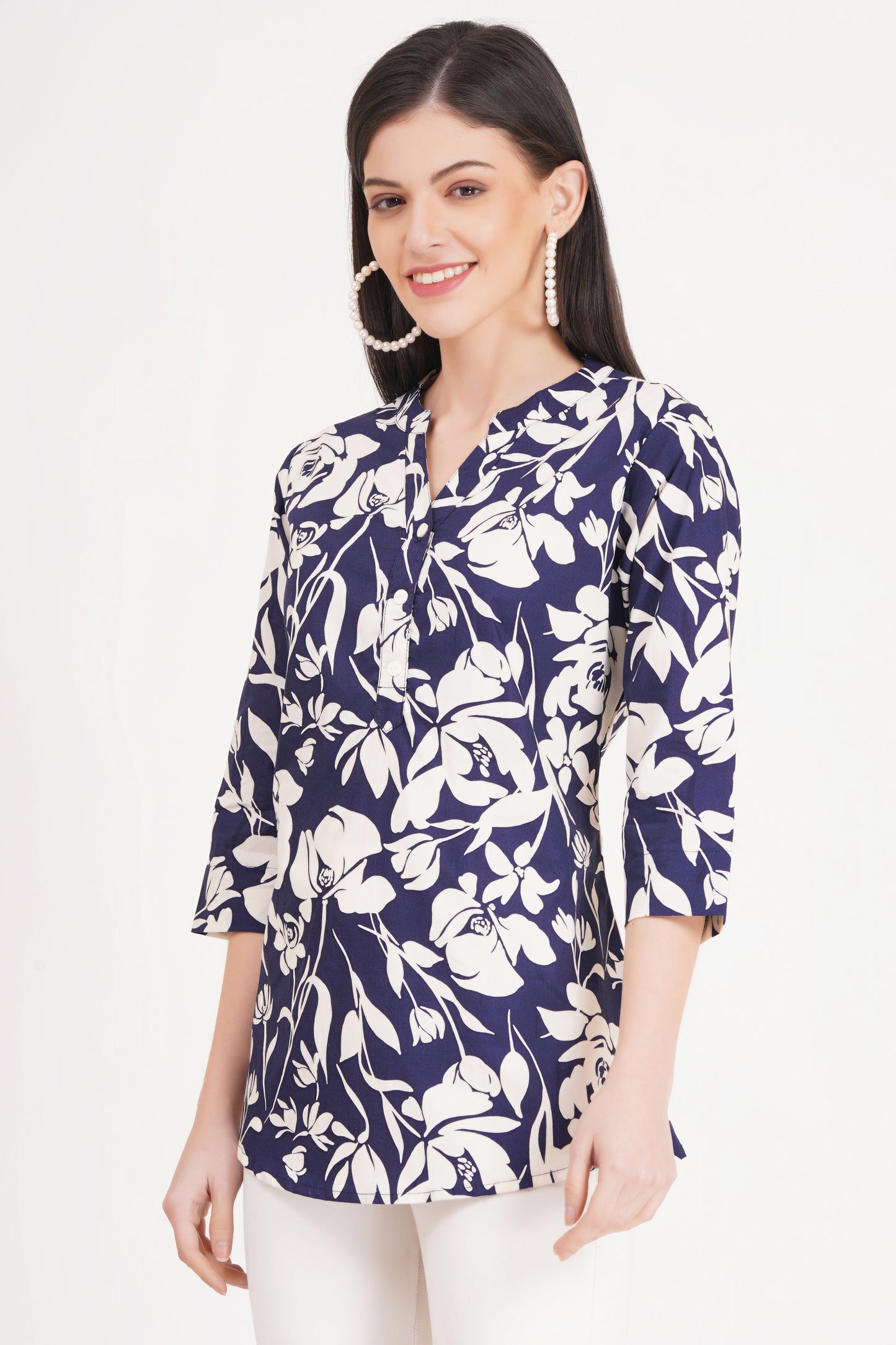 Women's Navy Blue Floral Print Tunic