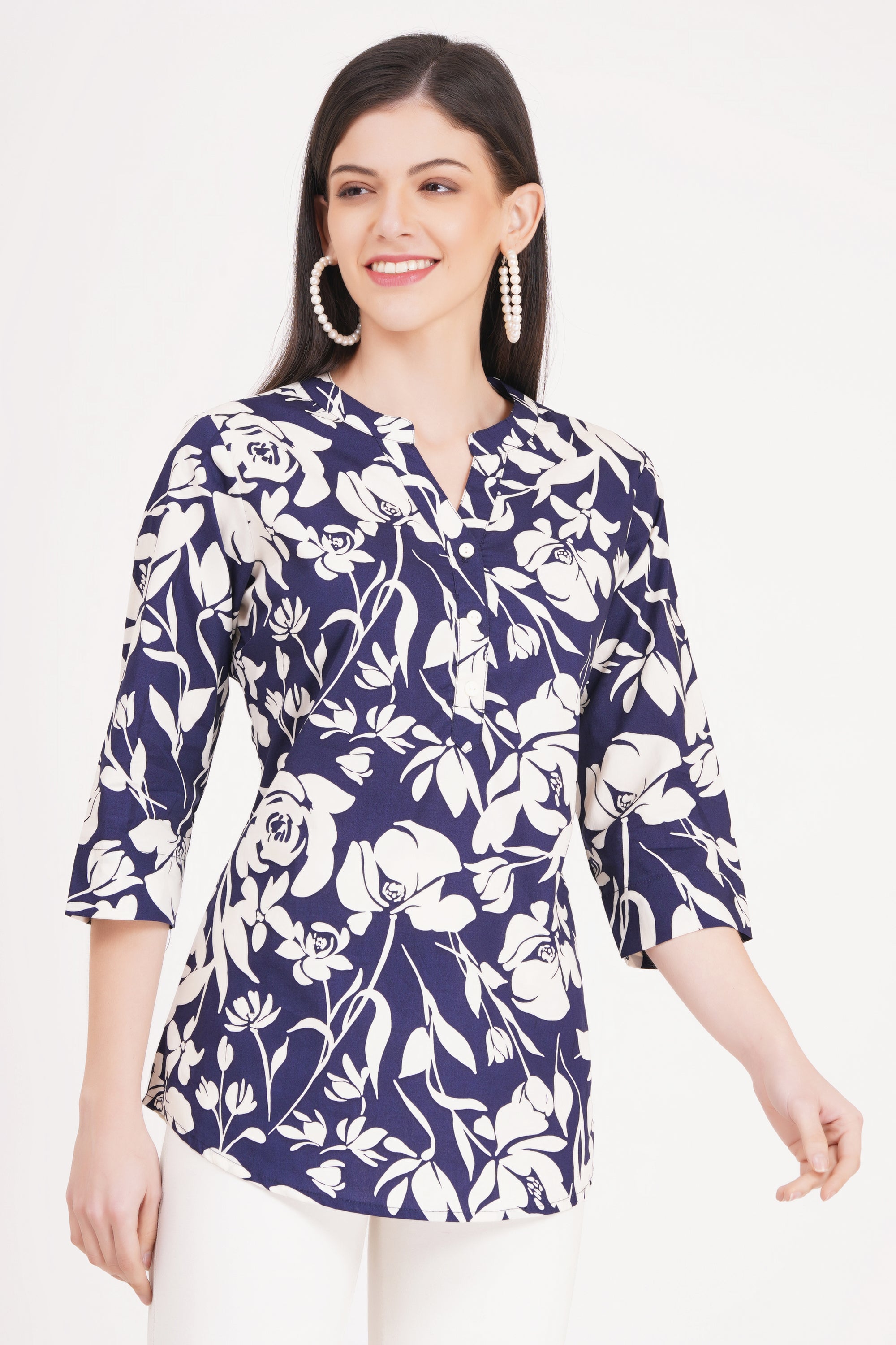 Women's Navy Blue Floral Print Tunic