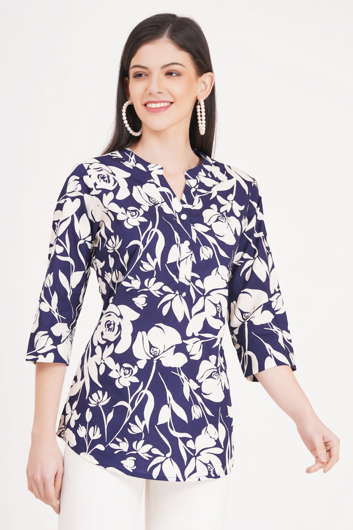 Women's Navy Blue Floral Print Tunic