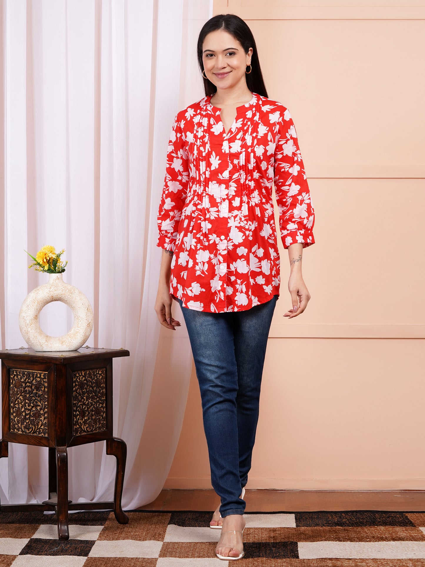 Tangerine Floral Pintucks Top