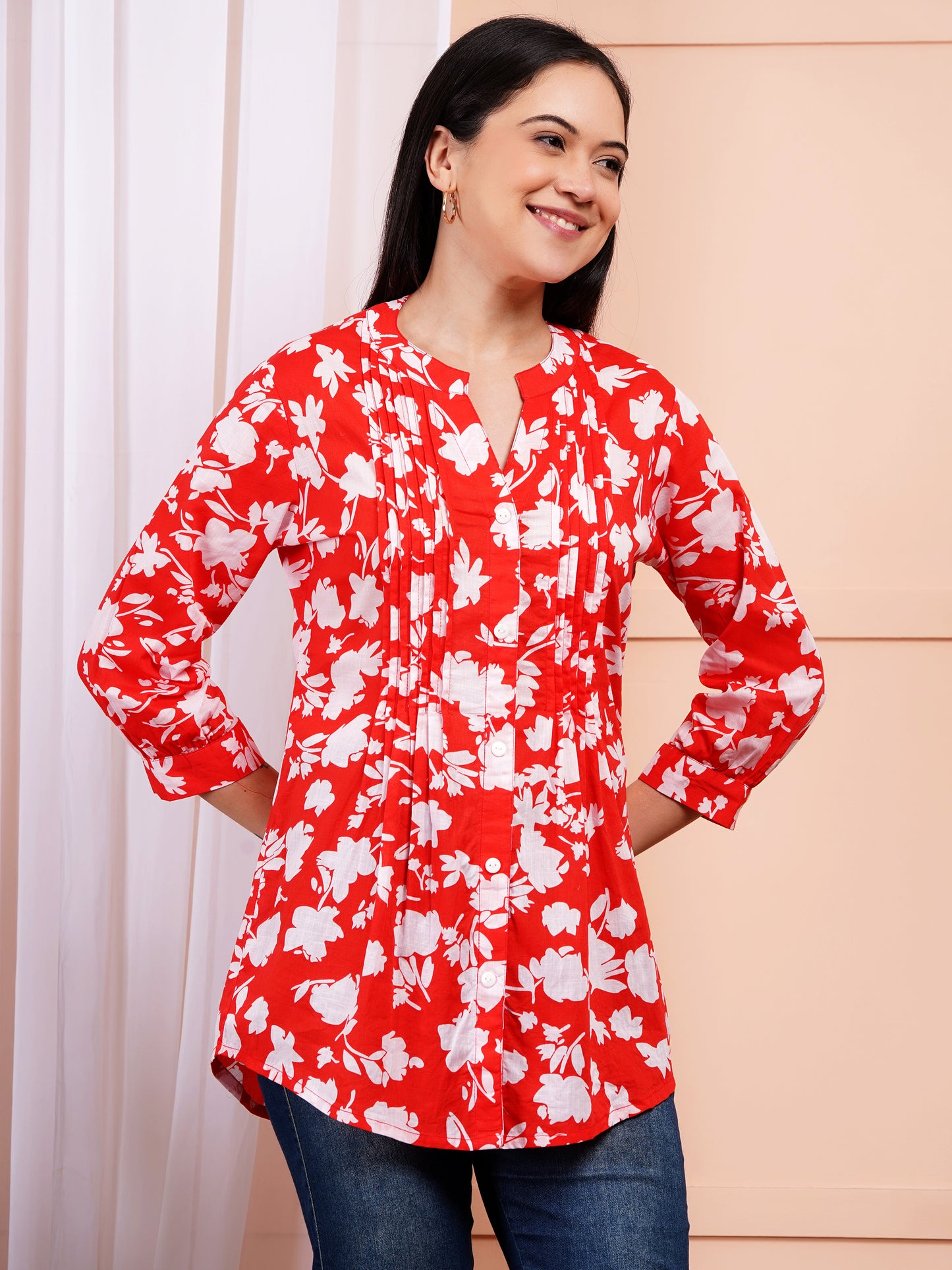 Tangerine Floral Pintucks Top
