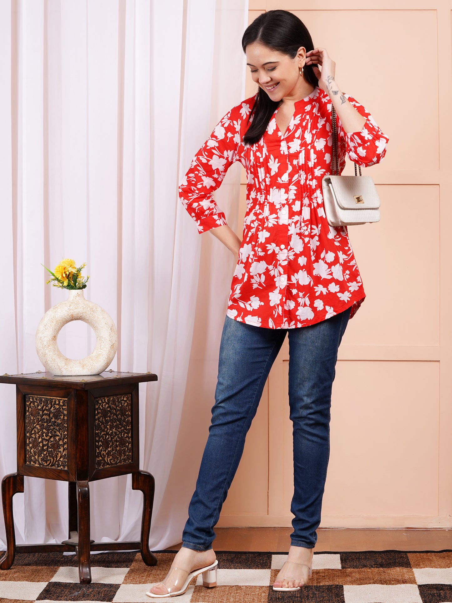 Tangerine Floral Pintucks Top