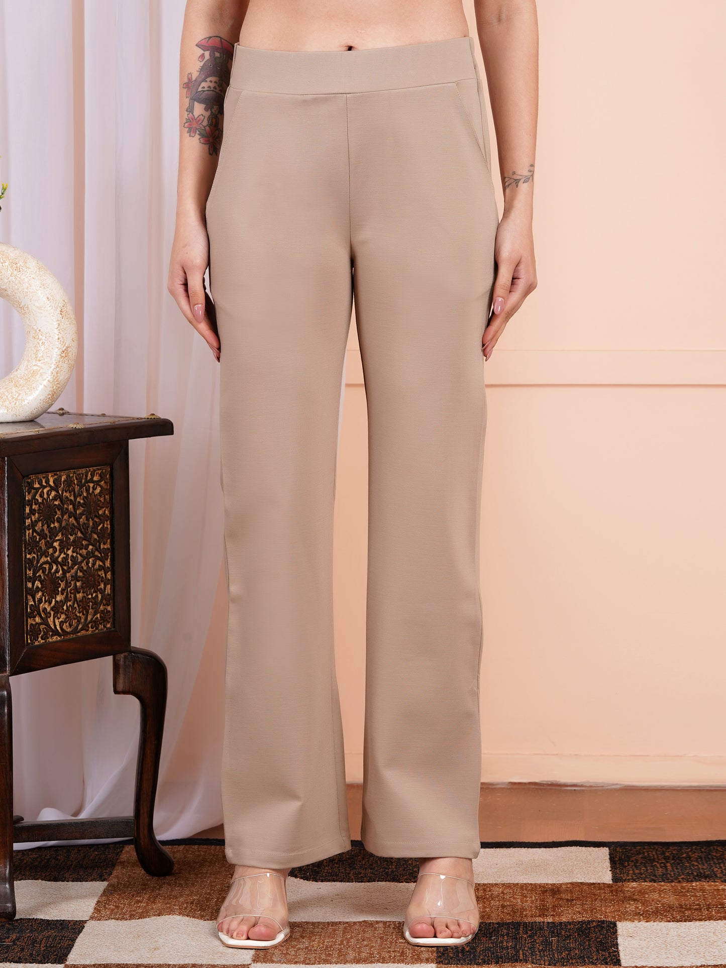 Classic Beige Bell-Bottom Pants