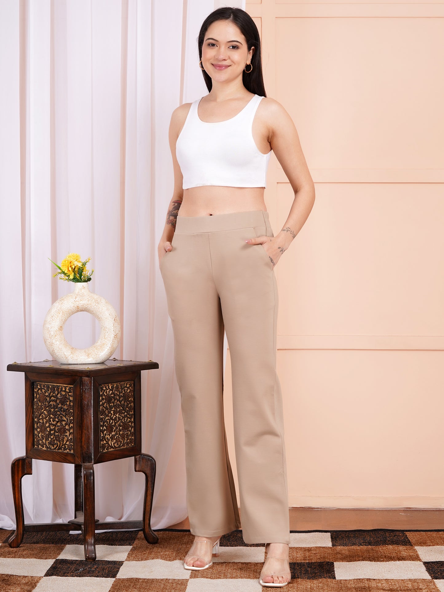 Classic Beige Bell-Bottom Pants
