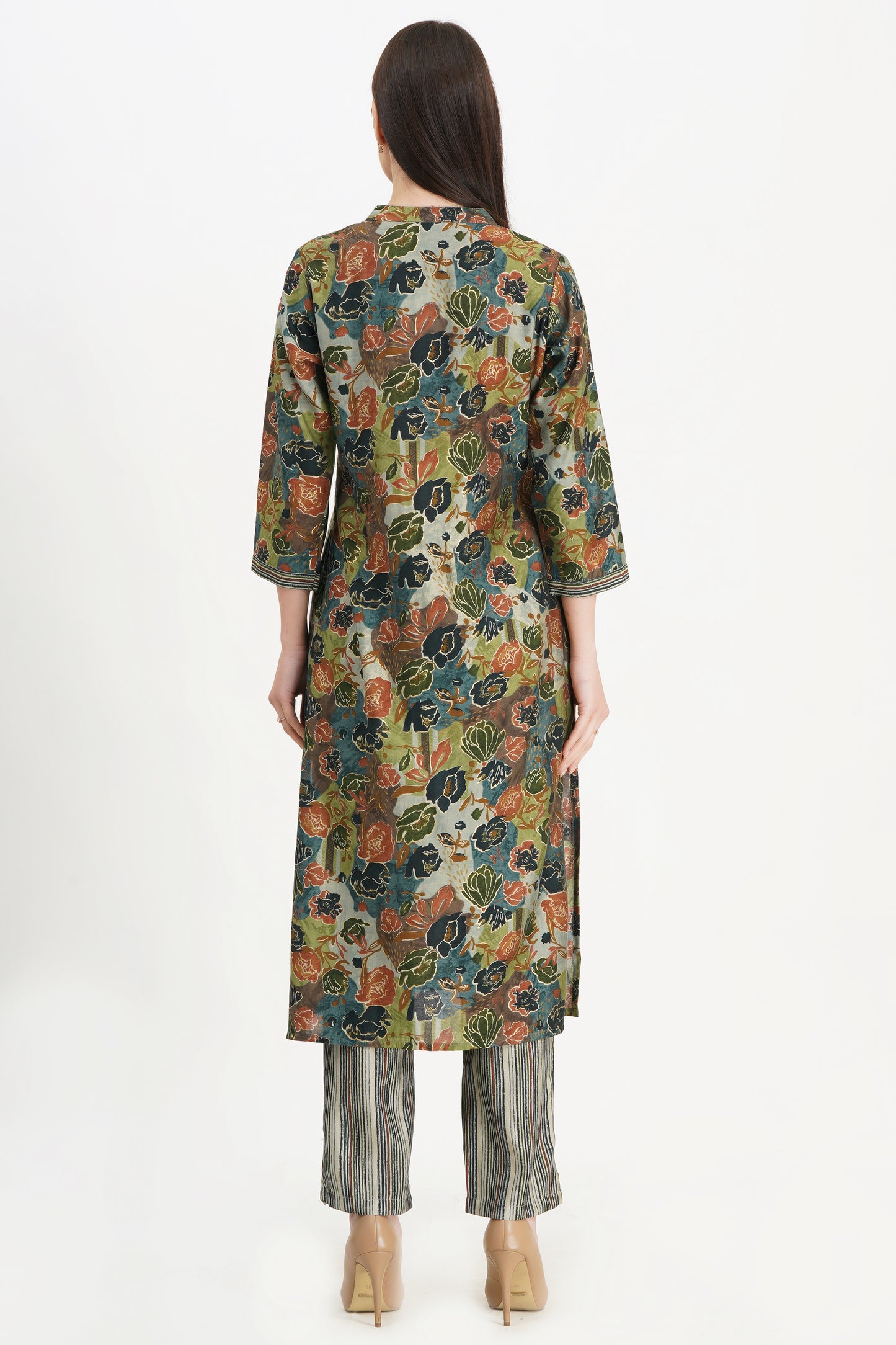 Stylish Floral Kurta with Striped Pants and Dupatta
