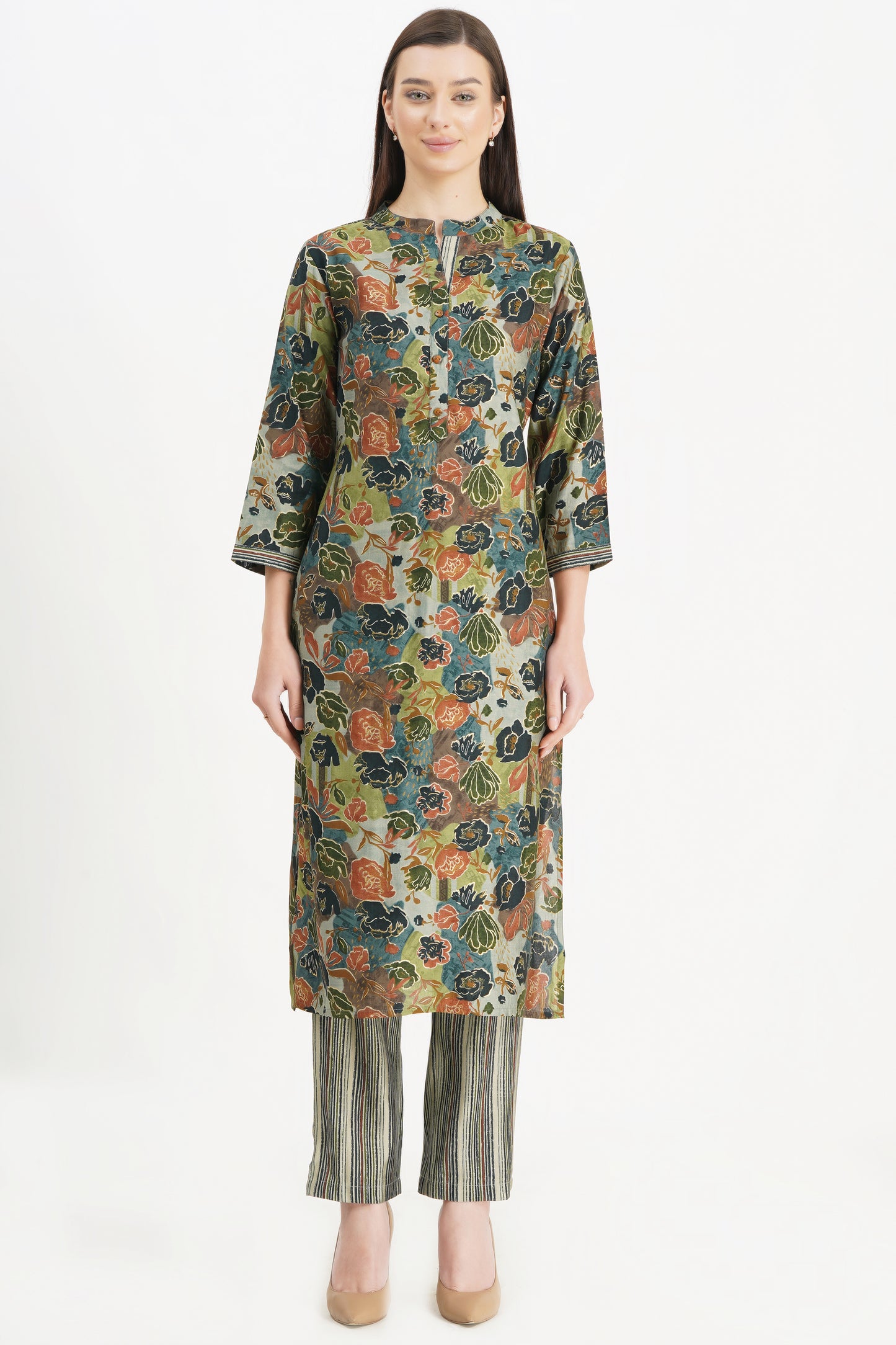 Stylish Floral Kurta with Striped Pants and Dupatta