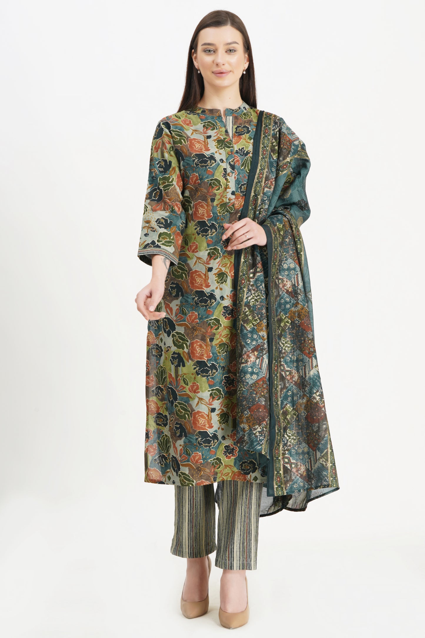 Stylish Floral Kurta with Striped Pants and Dupatta