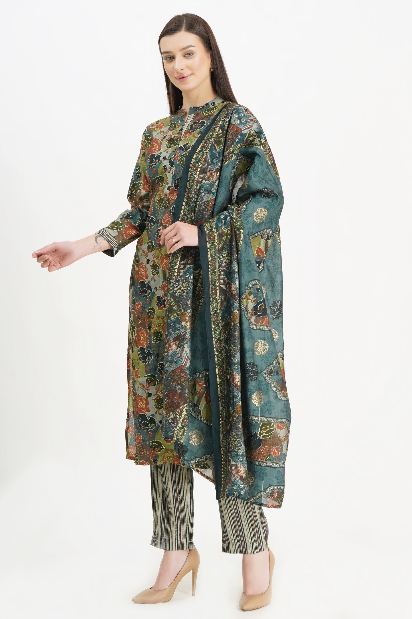 Stylish Floral Kurta with Striped Pants and Dupatta