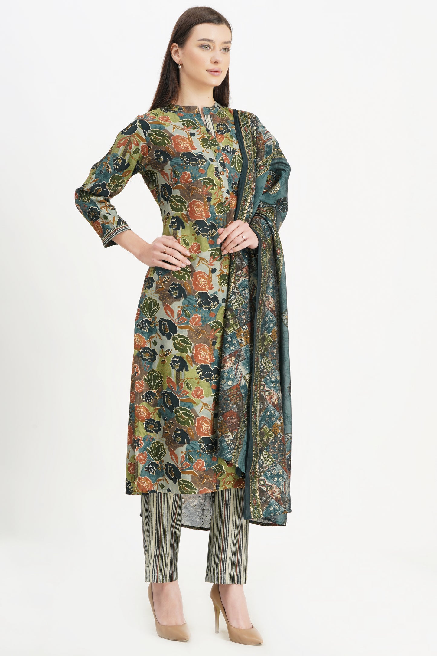 Stylish Floral Kurta with Striped Pants and Dupatta