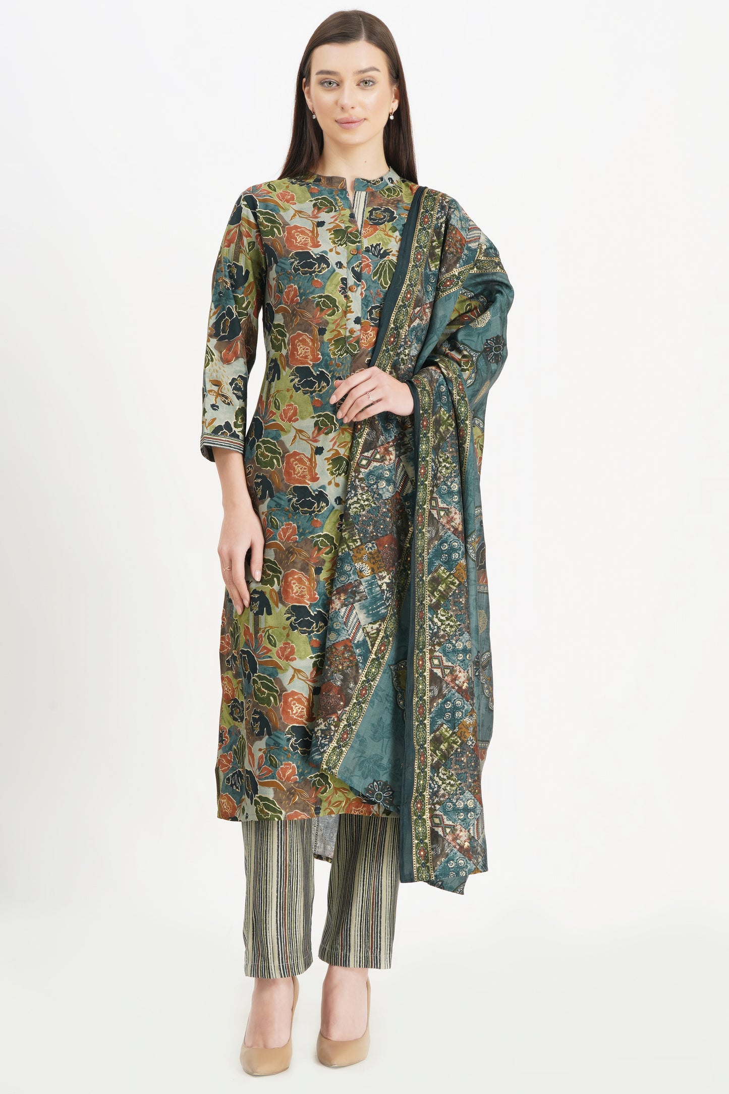 Stylish Floral Kurta with Striped Pants and Dupatta