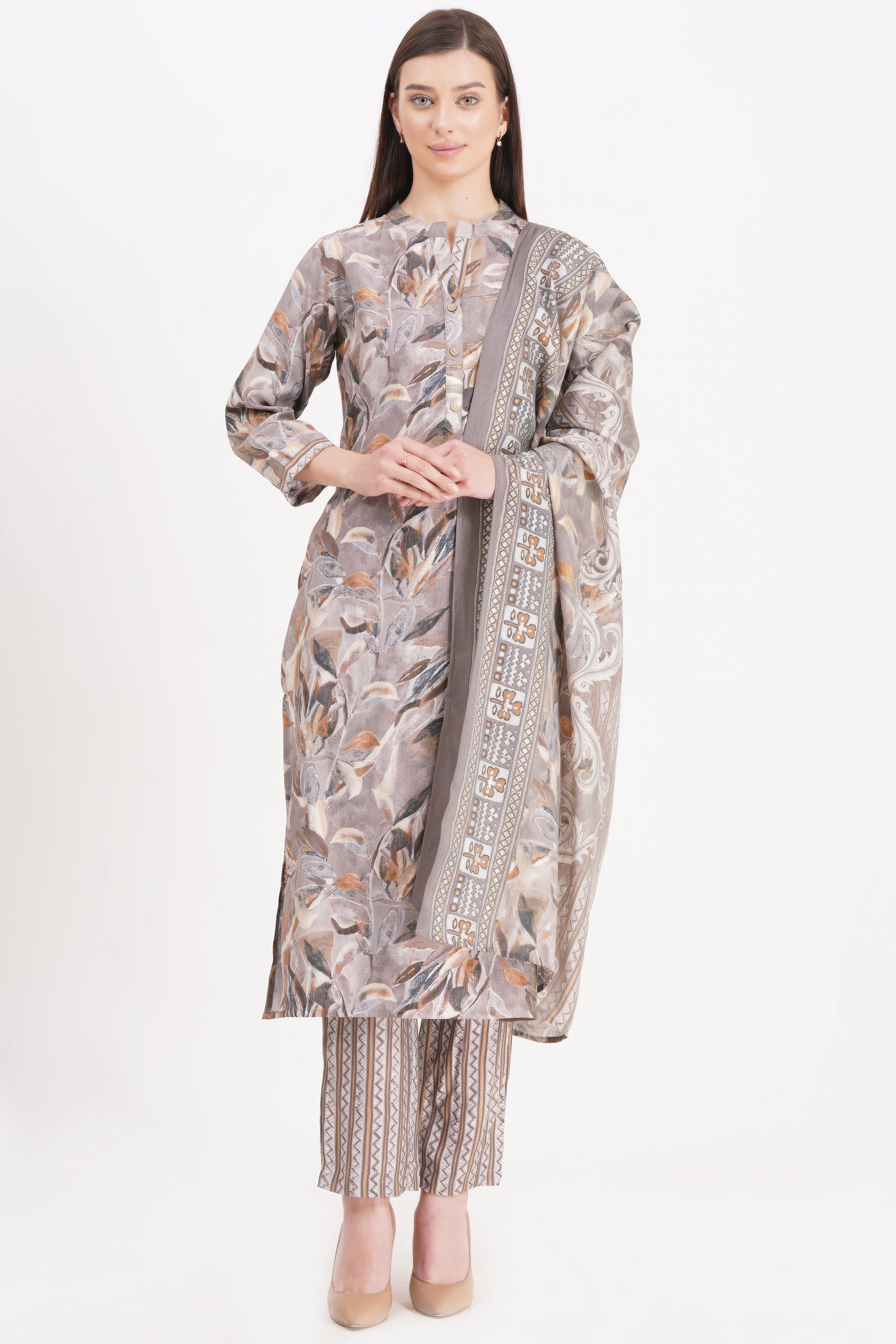 Elegant Grey Printed Kurta Set with Dupatta