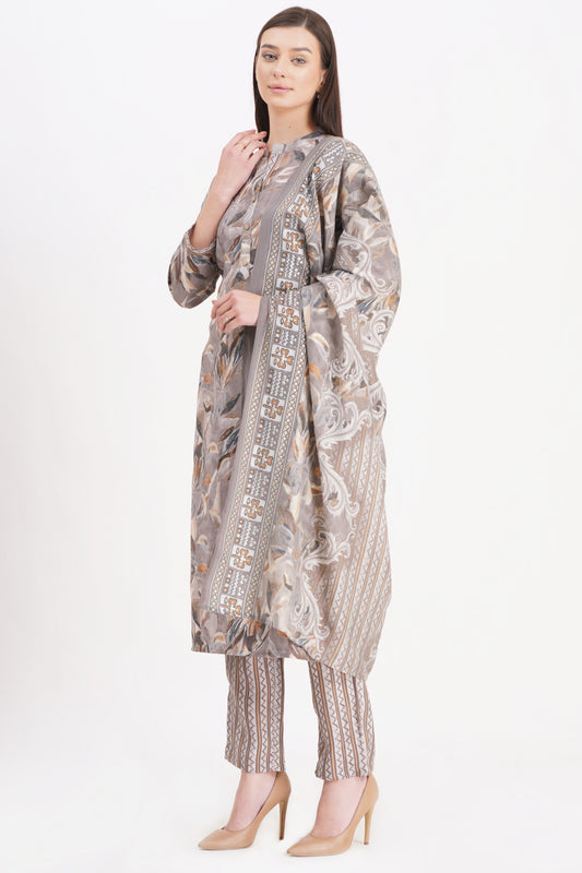 Elegant Grey Printed Kurta Set with Dupatta