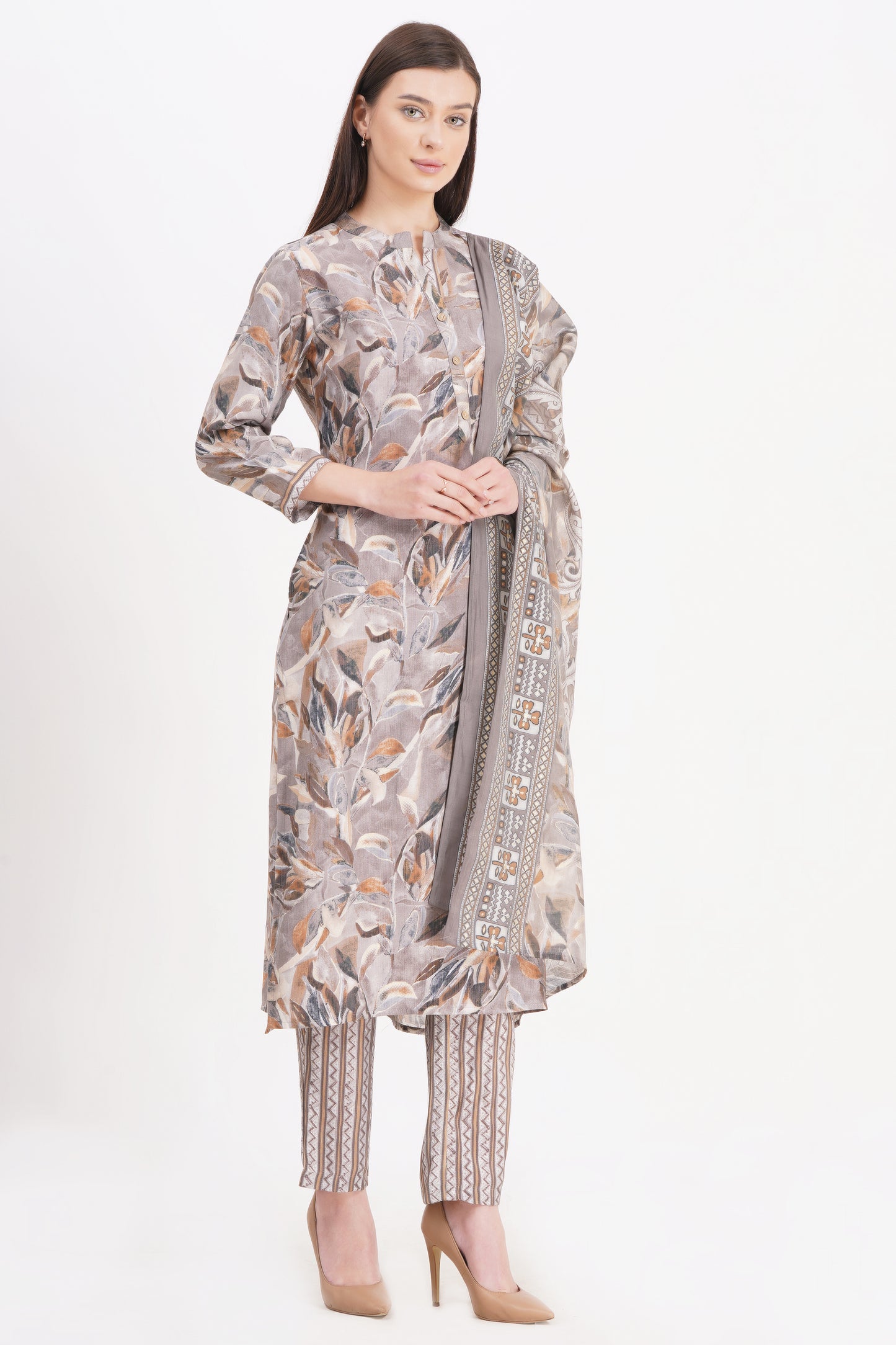 Elegant Grey Printed Kurta Set with Dupatta