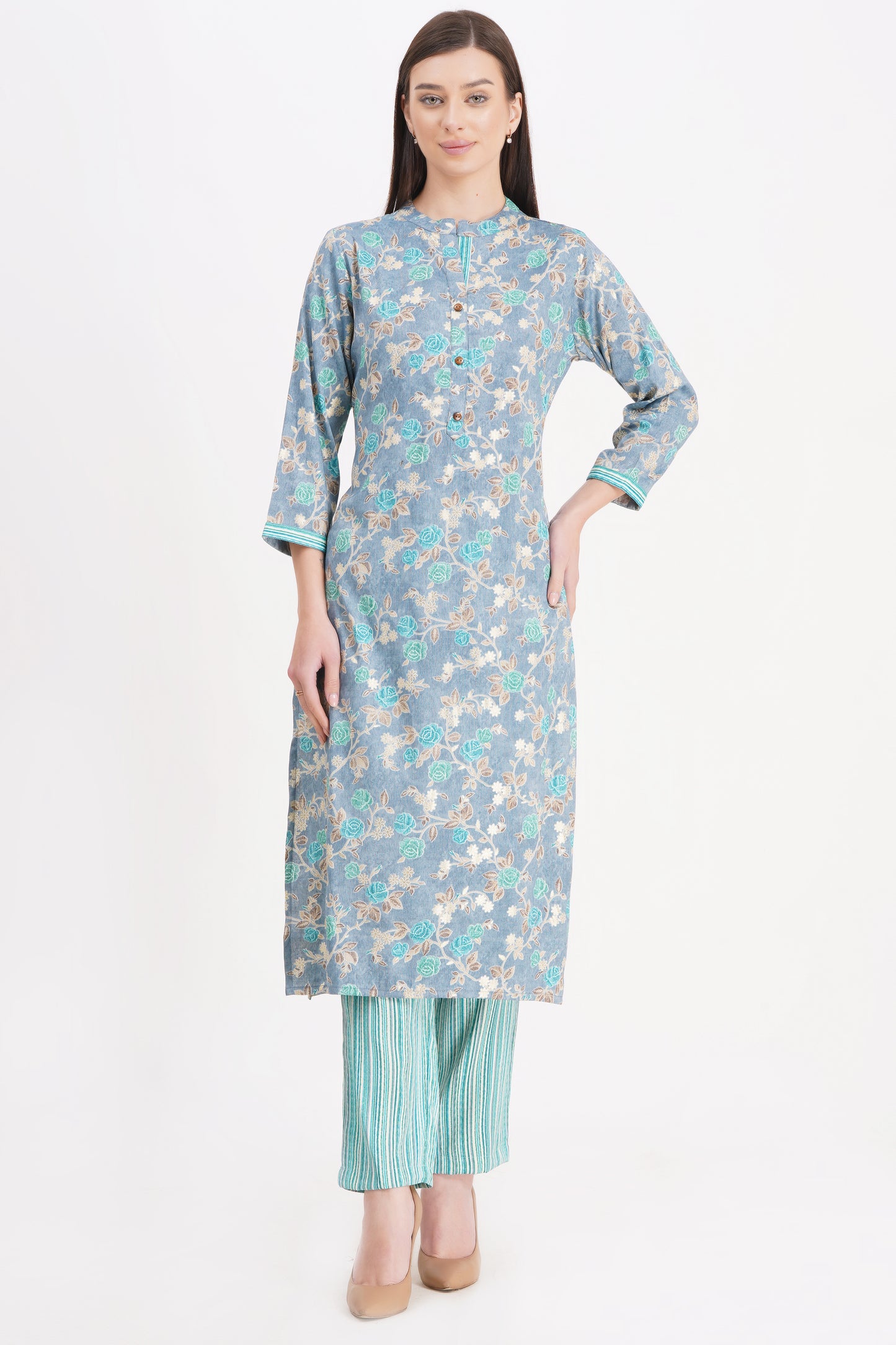 Sky Blue Floral Printed Kurta Set with Dupatta