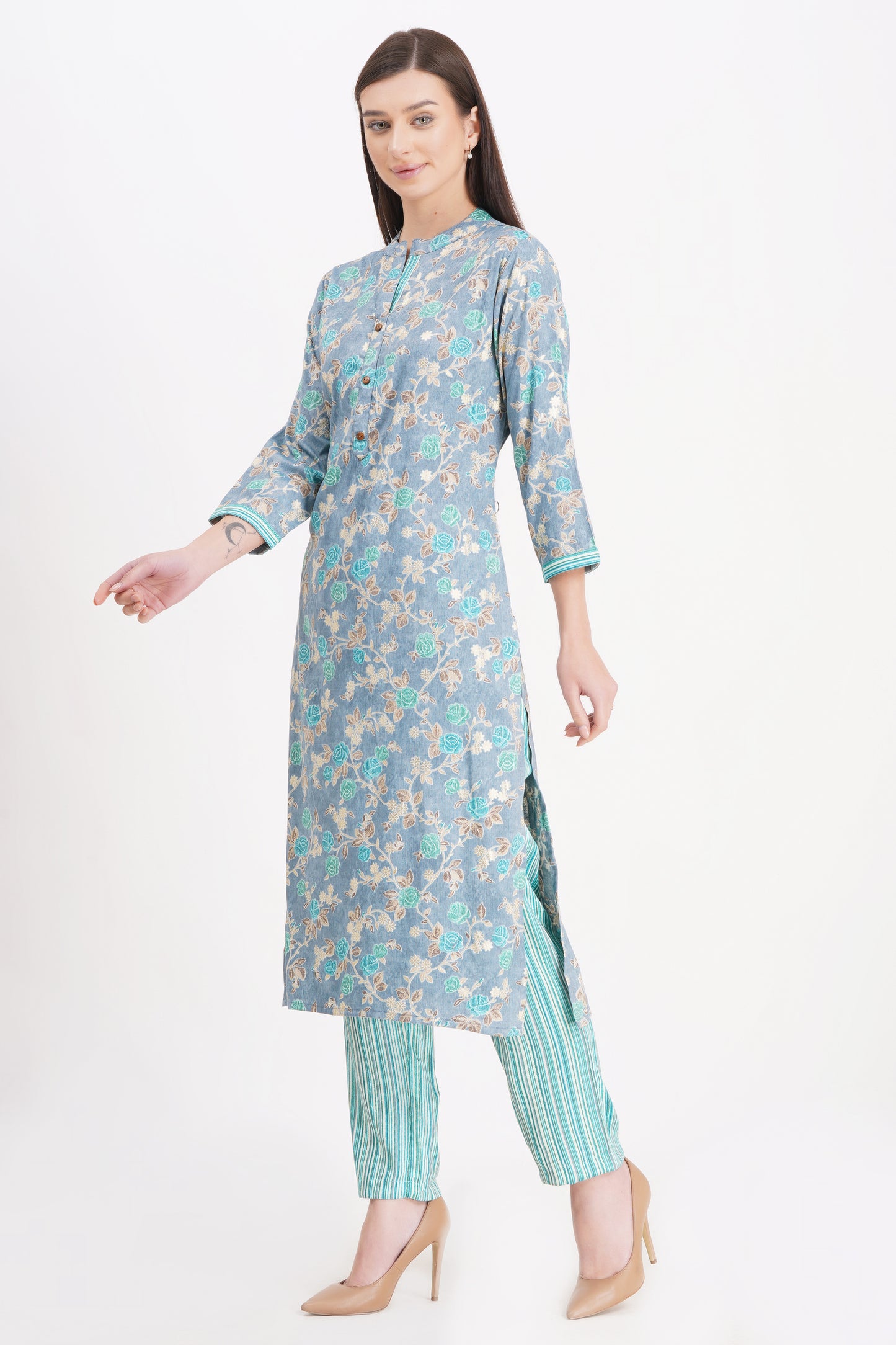 Sky Blue Floral Printed Kurta Set with Dupatta
