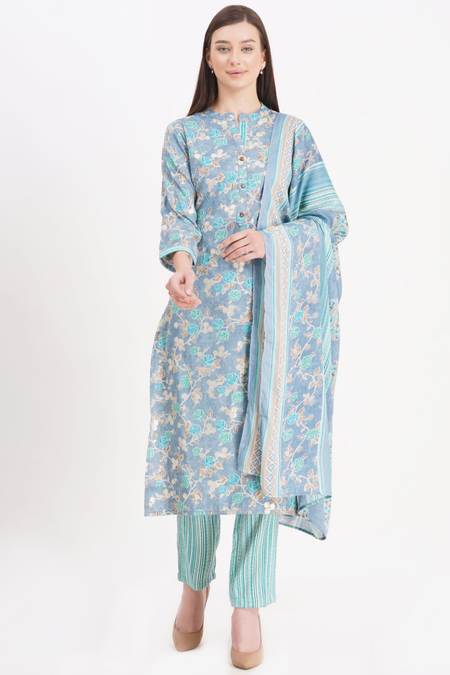Sky Blue Floral Printed Kurta Set with Dupatta