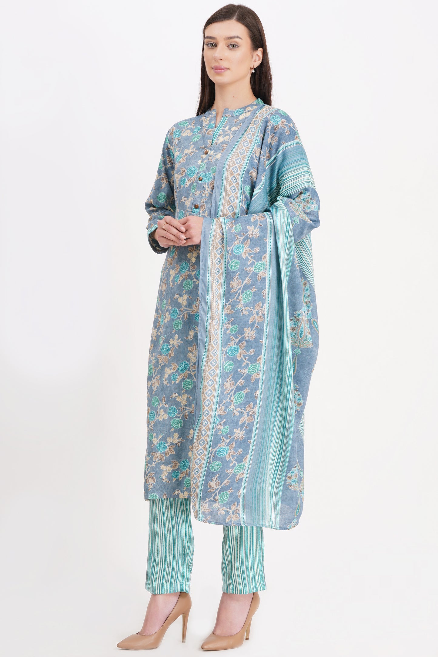 Sky Blue Floral Printed Kurta Set with Dupatta