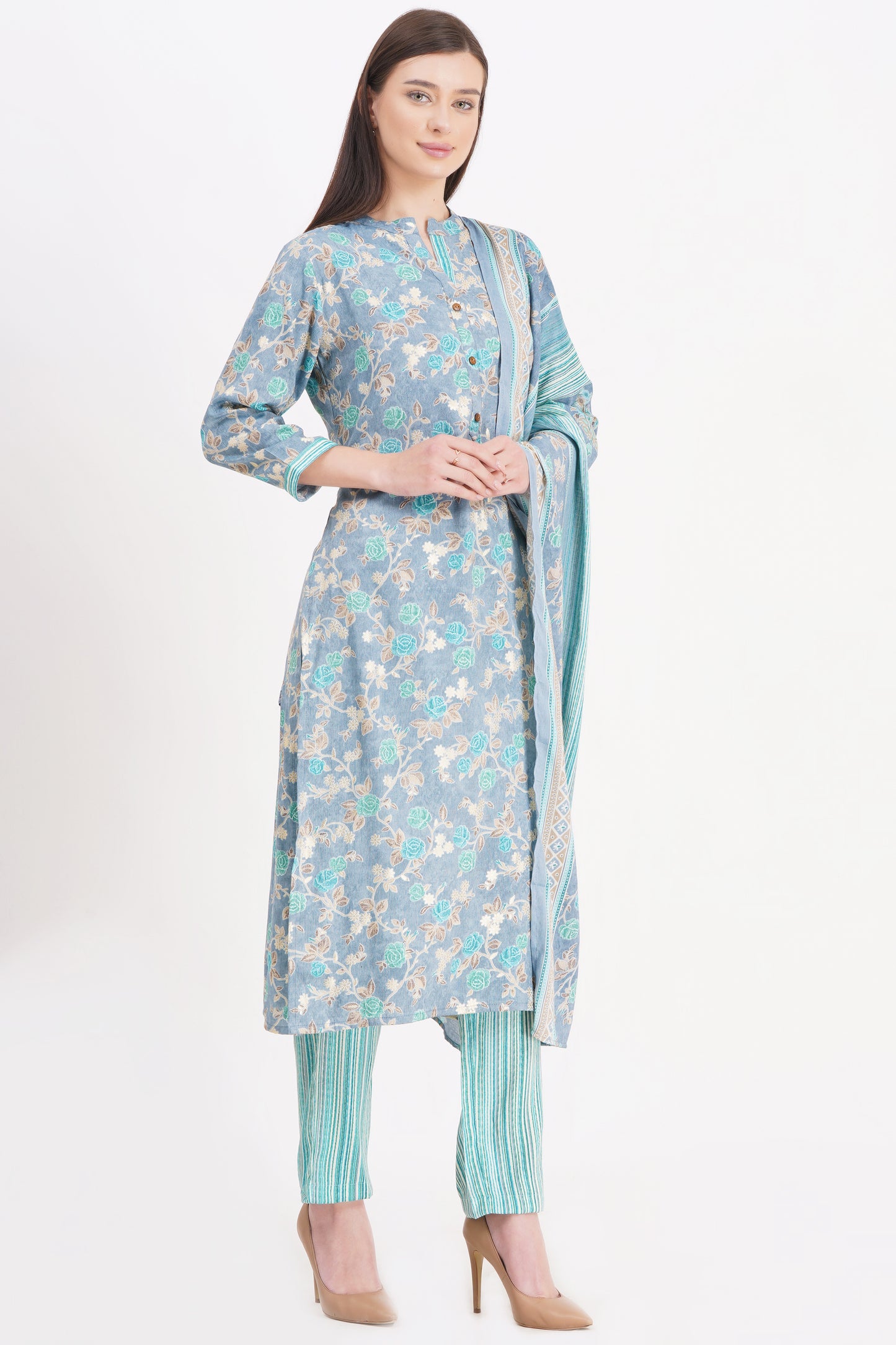 Sky Blue Floral Printed Kurta Set with Dupatta