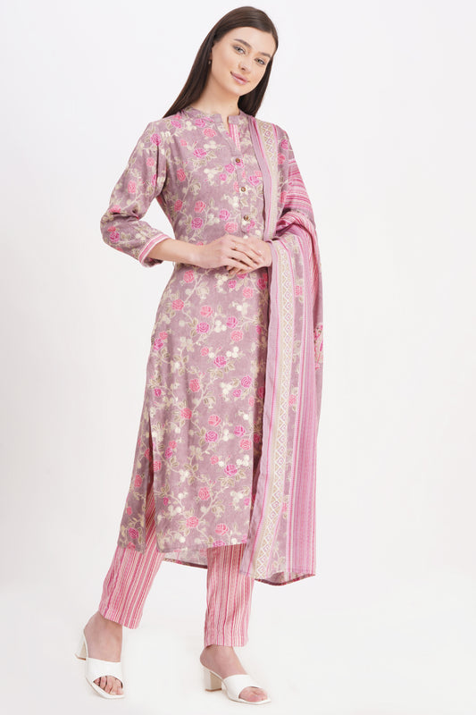 Blush Pink Floral Printed Kurta Set with Dupatta